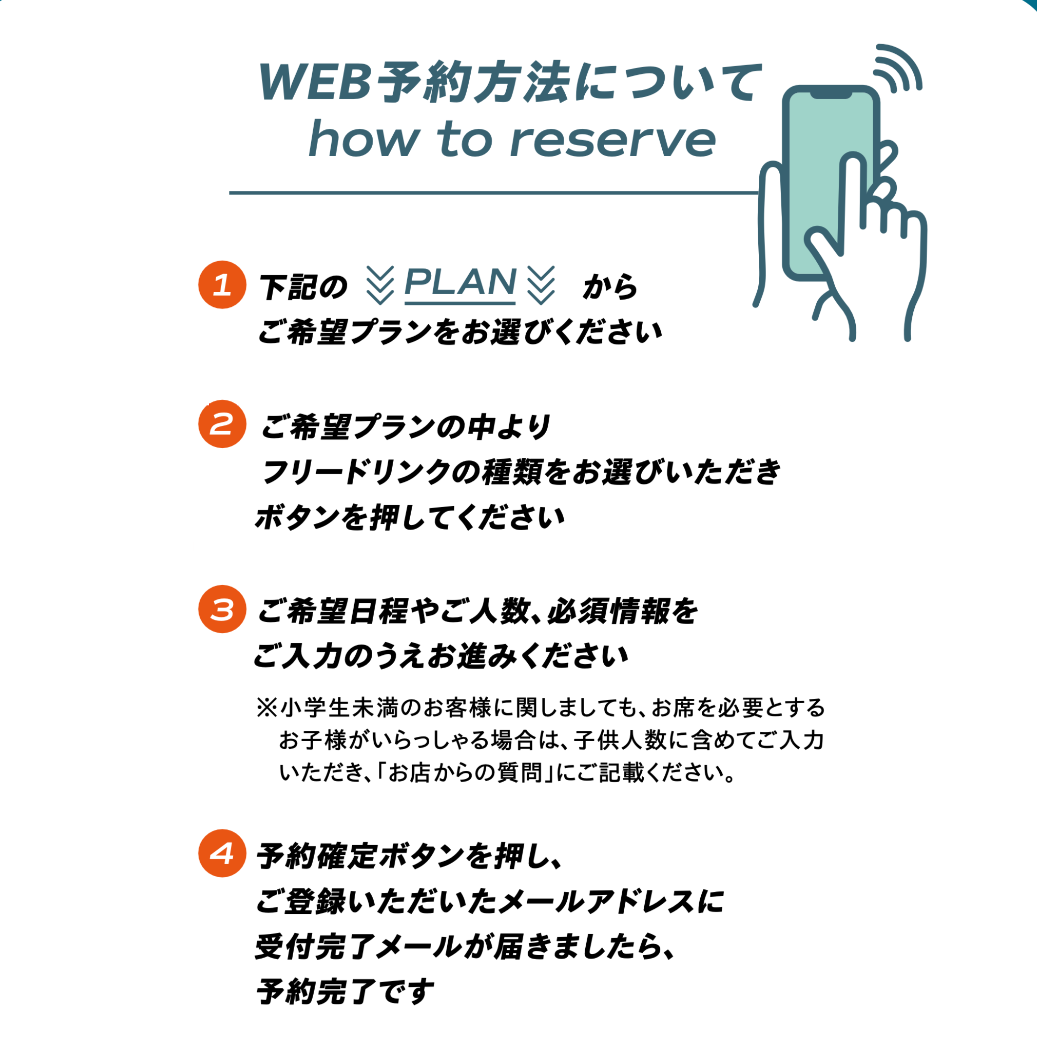WEB予約方法について。下記のプランから予約ボタンを押して予約サイトでご予約ください